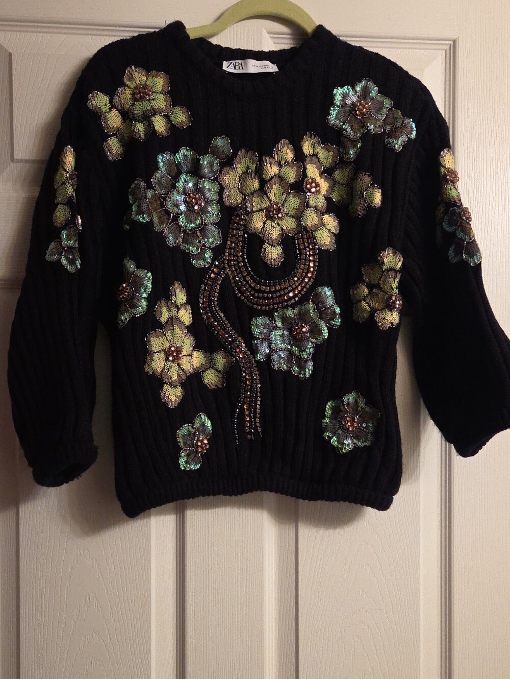 ZARA Black Crewneck Sweater with Green and Gold Sequin Floral Embellishment